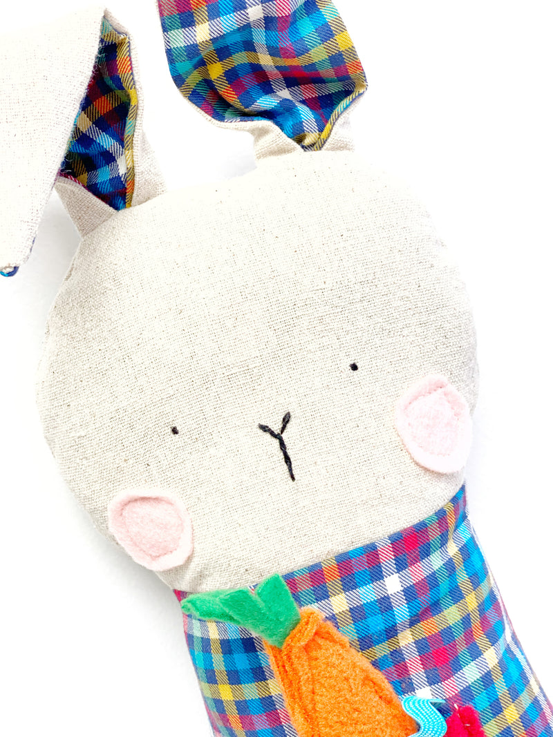 Creative Cuddles, Blue Plaid Bunny Animal for Kids, Children's Sensory Stuffed Animal, Upcycled Stuffed Animal for Kids