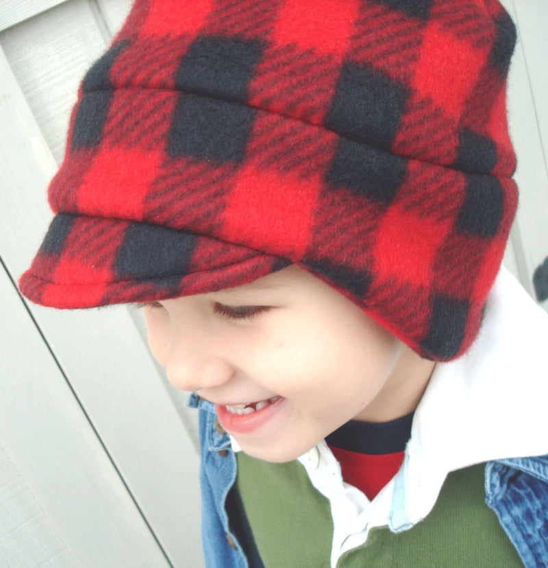 Boys Winter Fleece Hat, Red and Black Plaid